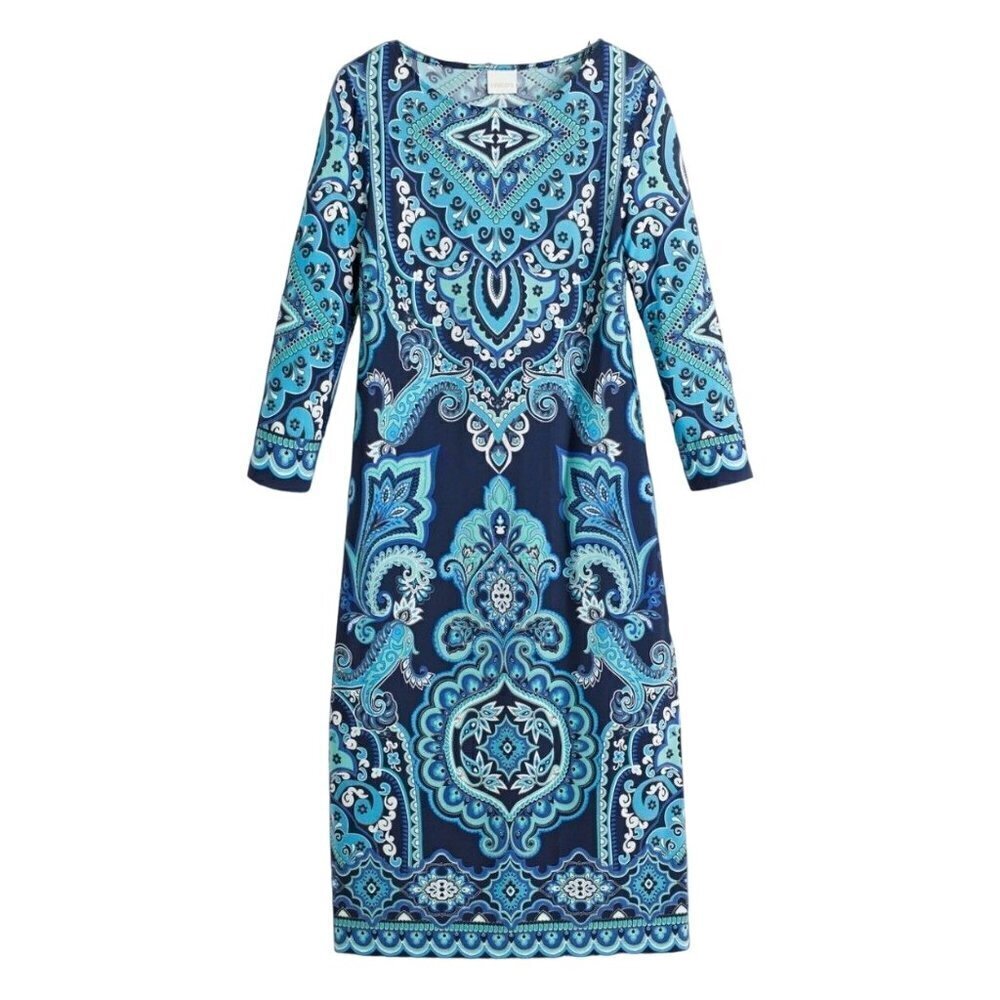 Chicos floral paisley quarter sleeve bateau neck spandex matte jersey dress S